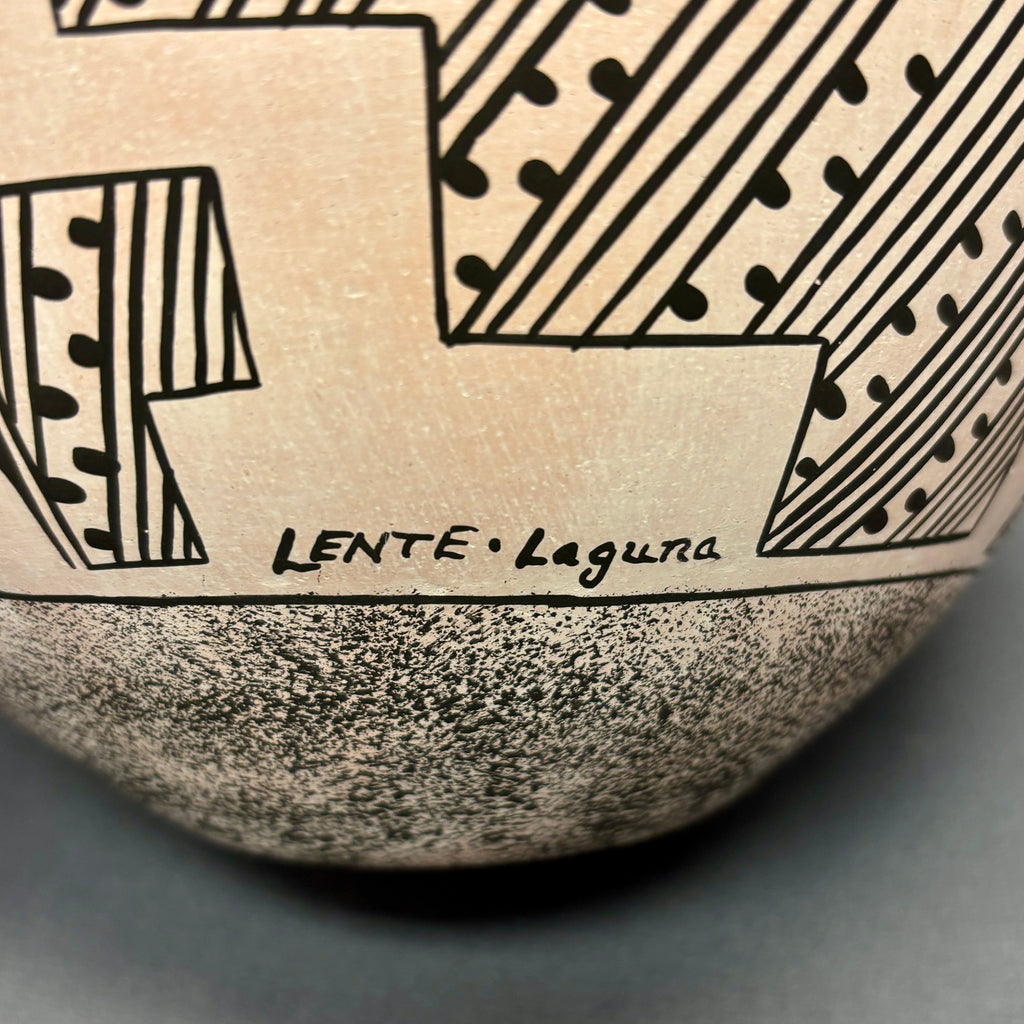 Marquis Dann-Lente, Laguna Pueblo Vintage Handmade Painted Clay Pot with Parrot and Spiral design  (JM92)