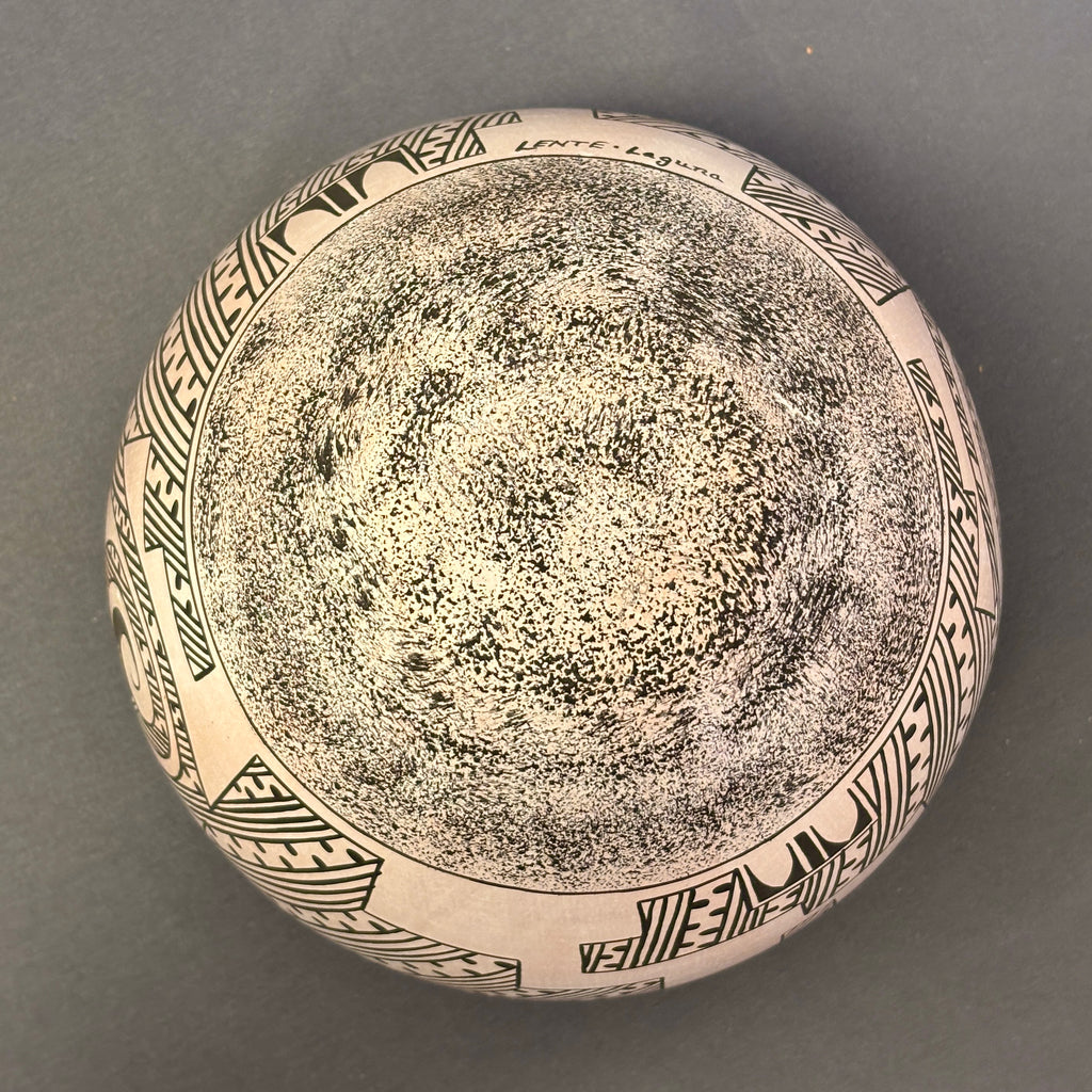 Marquis Dann-Lente, Laguna Pueblo Vintage Handmade Painted Clay Pot with Parrot and Spiral design  (JM92)