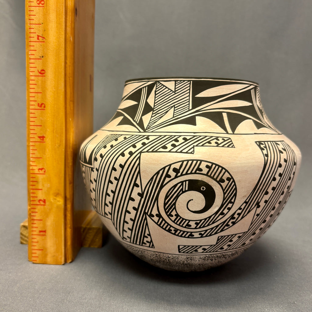 Marquis Dann-Lente, Laguna Pueblo Vintage Handmade Painted Clay Pot with Parrot and Spiral design  (JM92)