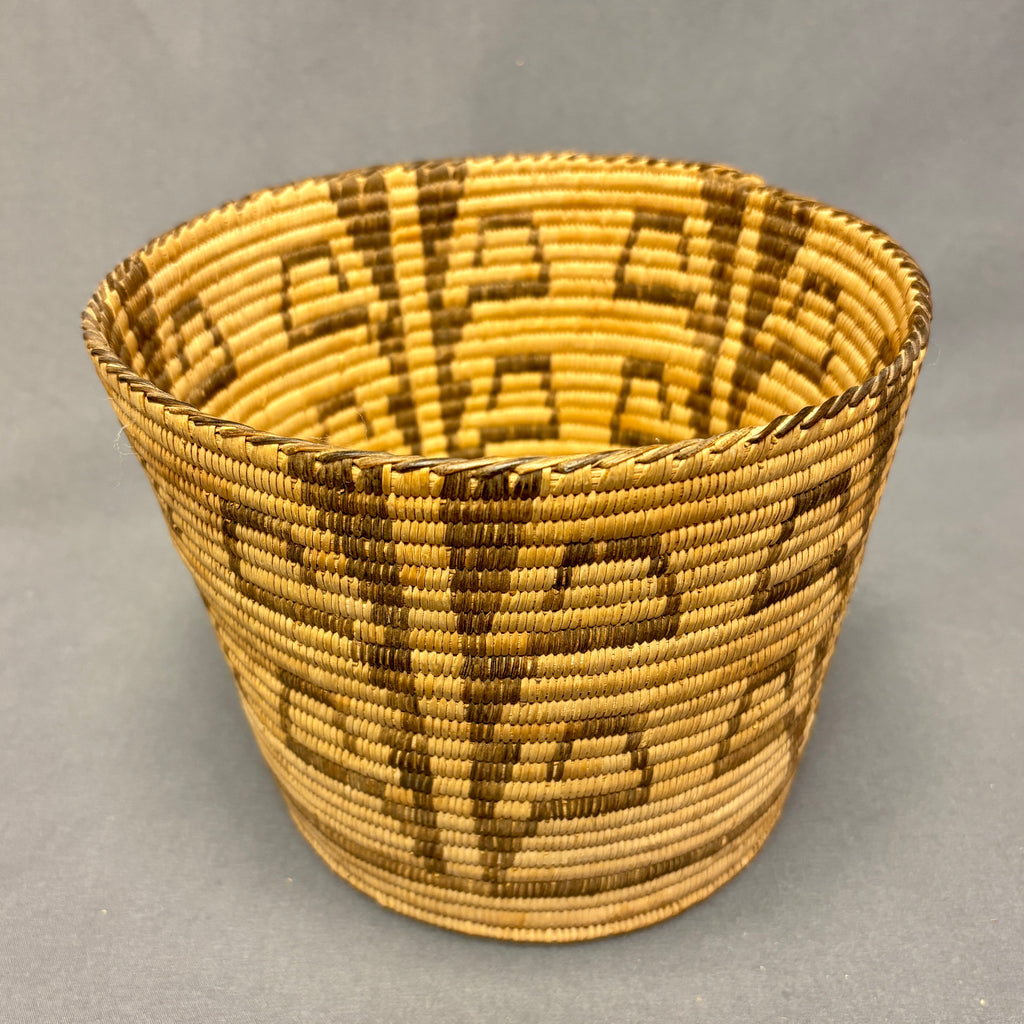 Vintage Tohono O'odham (Papago) Tall Round Coiled Basket with Plant Design, authentic Native American  (JFB15)
