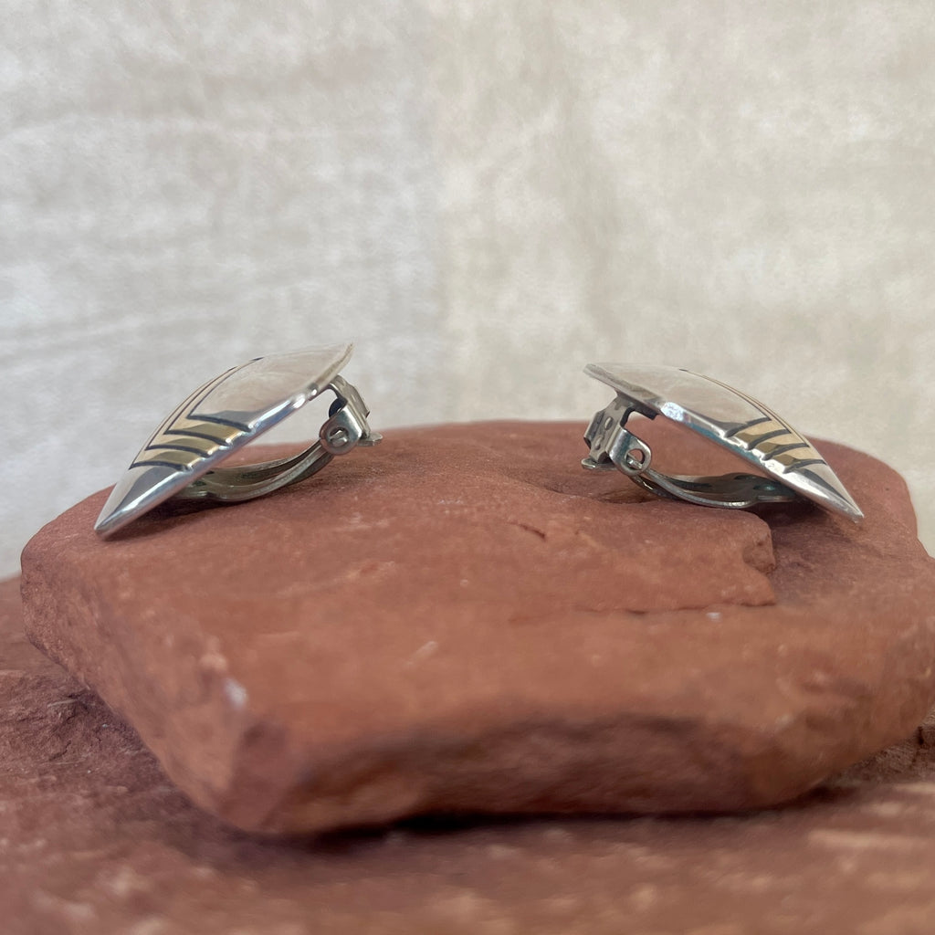 Authentic Navajo Sterling Silver and Gold Modern Design Clip Earrings by Leonard Schmallie (MC6)