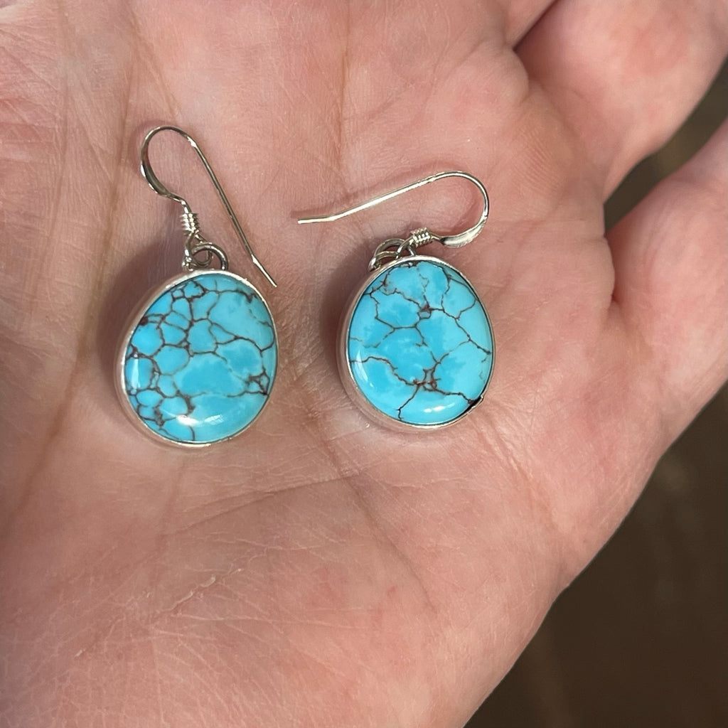 Navajo Kingman Spiderweb Turquoise Dangle Earrings signed EP (3/86)