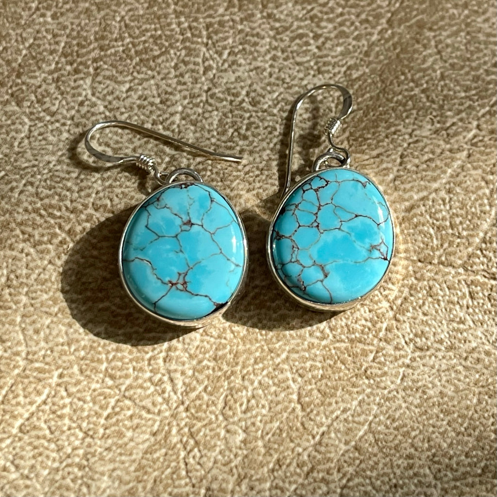 Navajo Kingman Spiderweb Turquoise Dangle Earrings signed EP (3/86)
