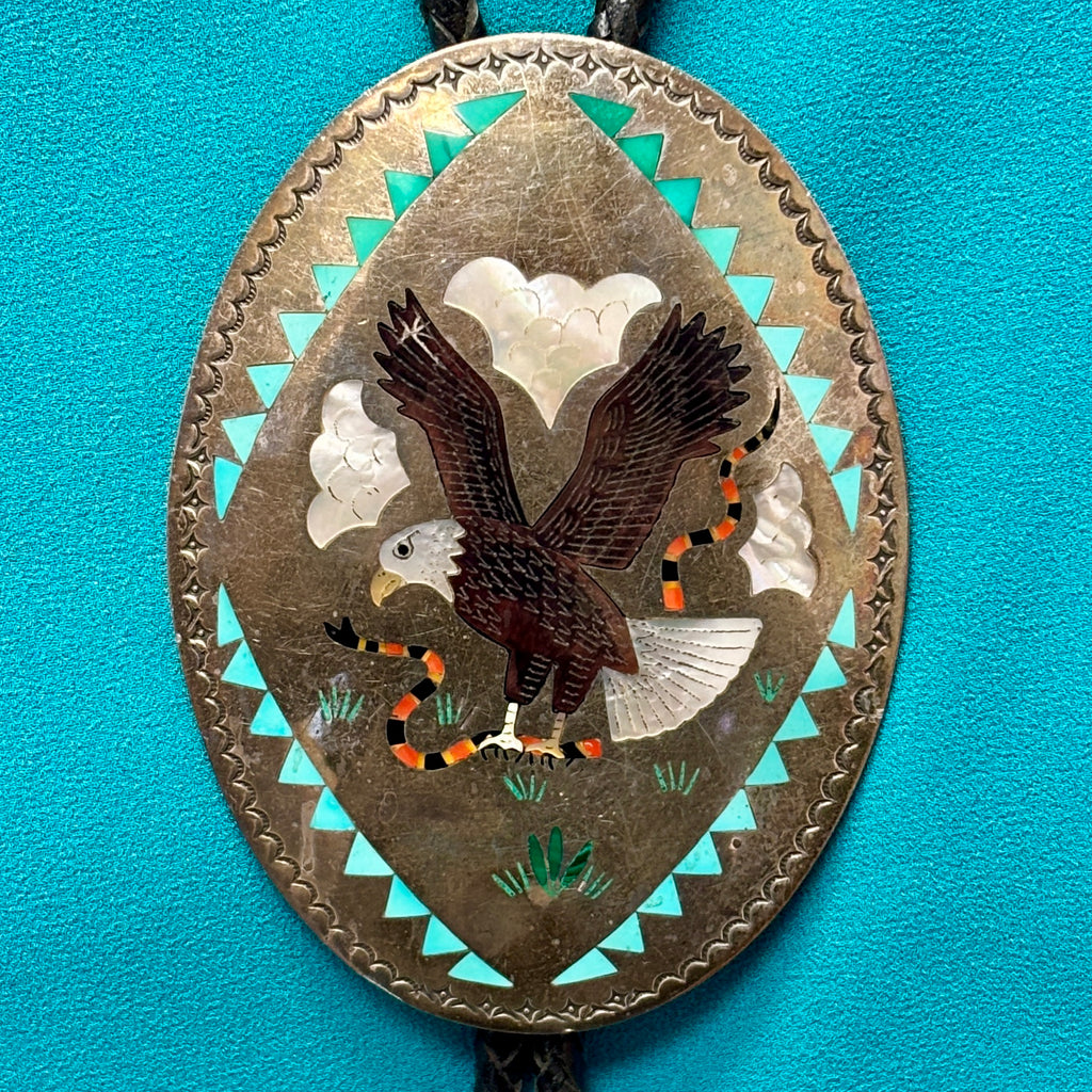 Zuni Inlay Bolo Tie with Bald Eagle Design, vintage Native American   (JF53)