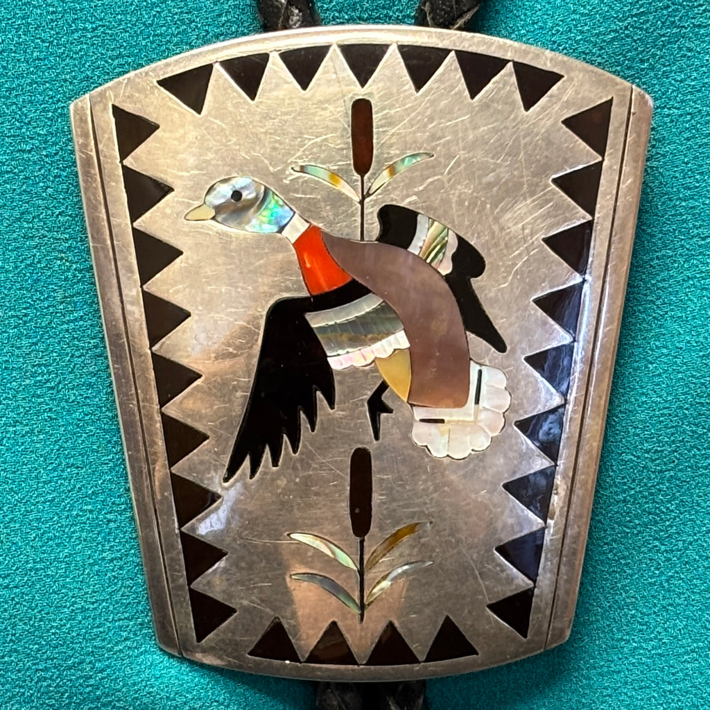 Dennis and Nancy Edaakie, Zuni Inlay Bolo Tie with Mallard Duck Design, vintage Native American   (JF56)