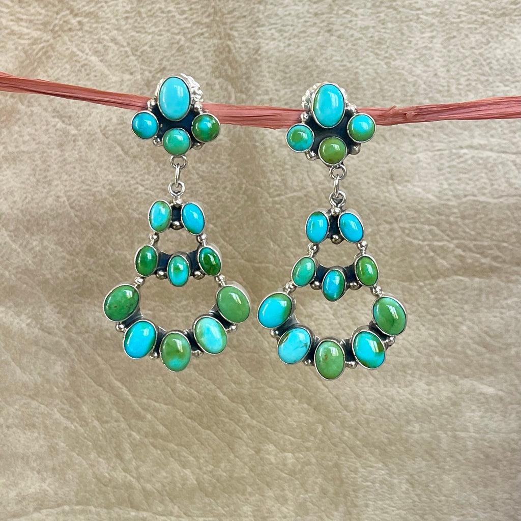 Multi stone turquoise statement chandelier Navajo earrings, Authentic Native American (3/82)