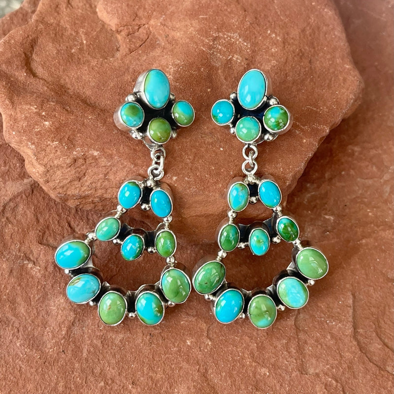 Multi stone turquoise statement chandelier Navajo earrings, Authentic Native American (3/82)