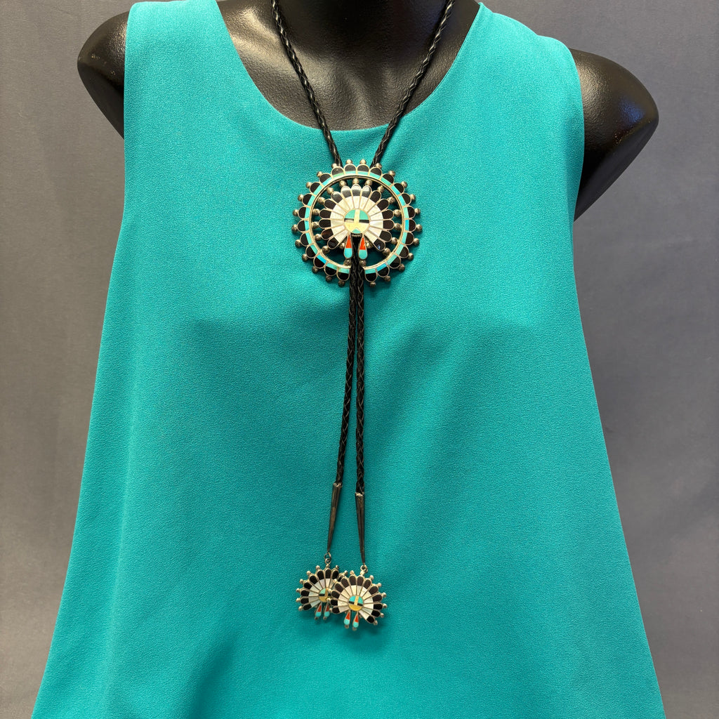 Zuni Inlay Sunface Bolo Tie with Matching Fancy Tips, vintage Native American (JF74)