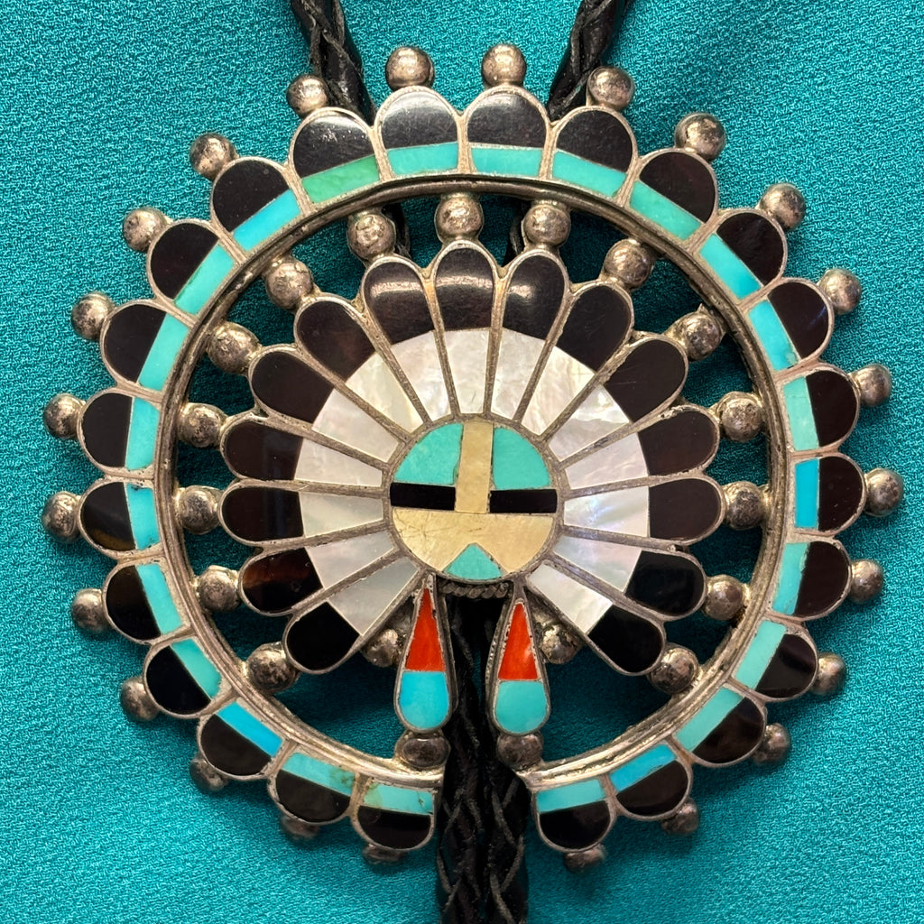 Zuni Inlay Sunface Bolo Tie with Matching Fancy Tips, vintage Native American (JF74)