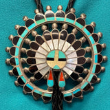 Zuni Inlay Sunface Bolo Tie with Matching Fancy Tips, vintage Native American (JF74)