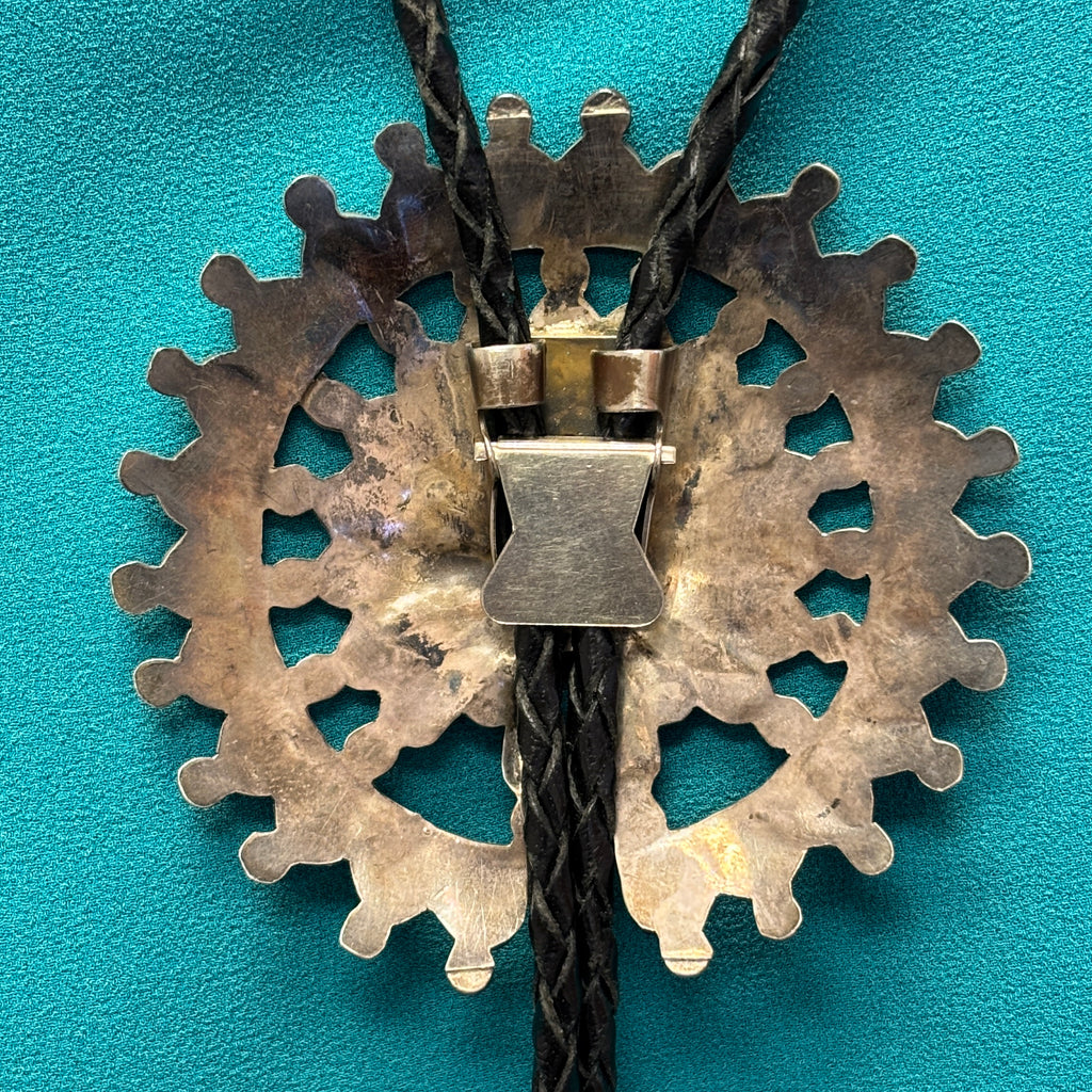 Zuni Inlay Sunface Bolo Tie with Matching Fancy Tips, vintage Native American (JF74)