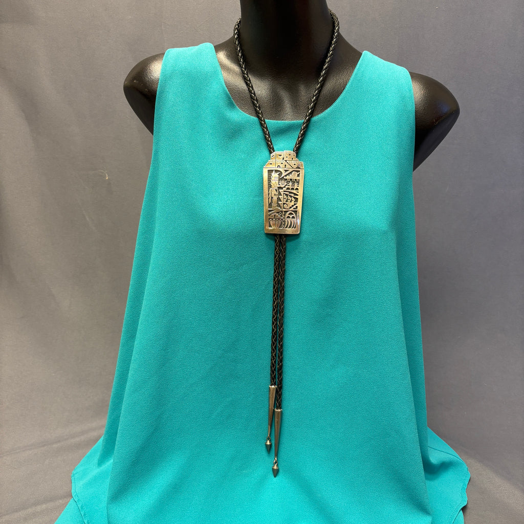 Chalmers Day Sterling Silver Hopi Overlay Bolo Tie with Kachina Design, vintage Native American (JF90)