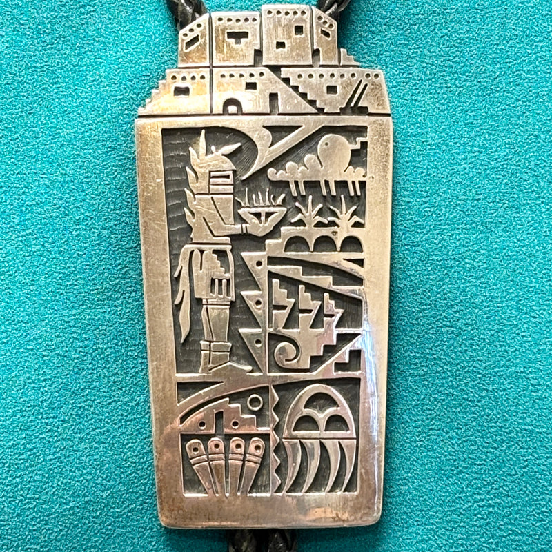 Chalmers Day Sterling Silver Hopi Overlay Bolo Tie with Kachina Design, vintage Native American (JF90)