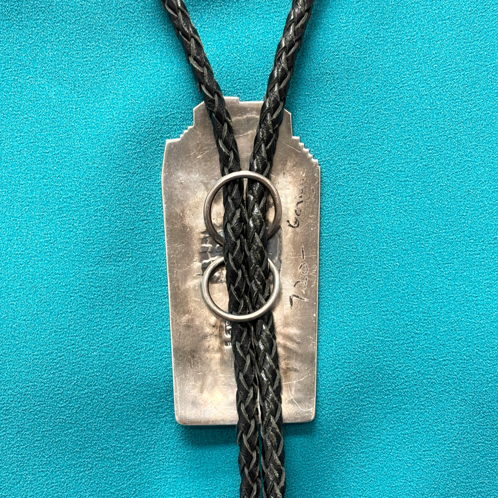 Chalmers Day Sterling Silver Hopi Overlay Bolo Tie with Kachina Design, vintage Native American (JF90)