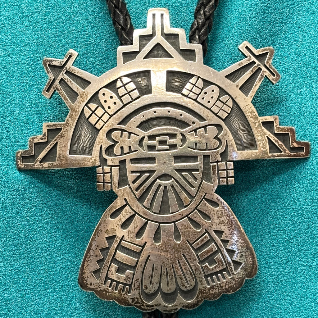Manuel and Karen Hoyungwa Sterling Silver Hopi Overlay Bolo Tie with Butterfly Maiden, vintage authentic Native American  (JF106)