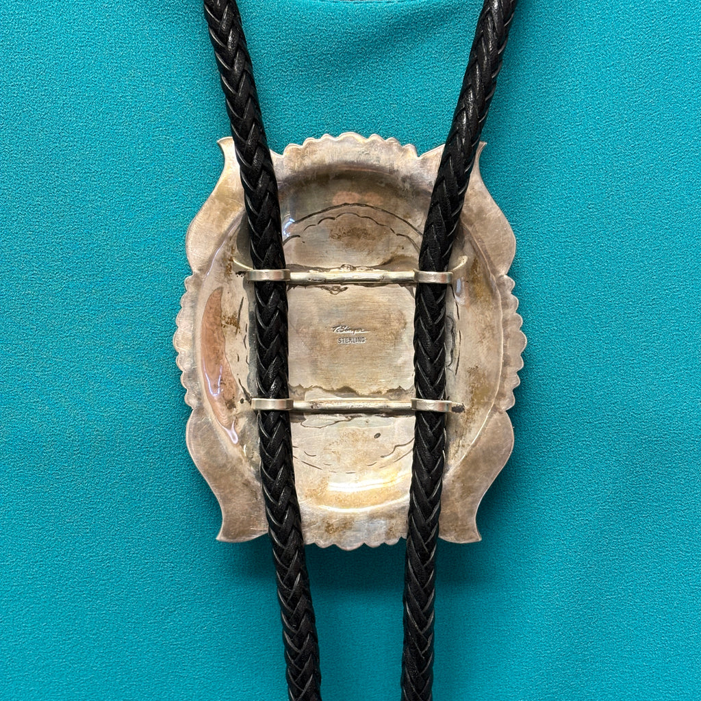 Tommy Singer Vintage Navajo Green Turquoise and Sterling Silver Bolo Tie, authentic Native American   (JF118)