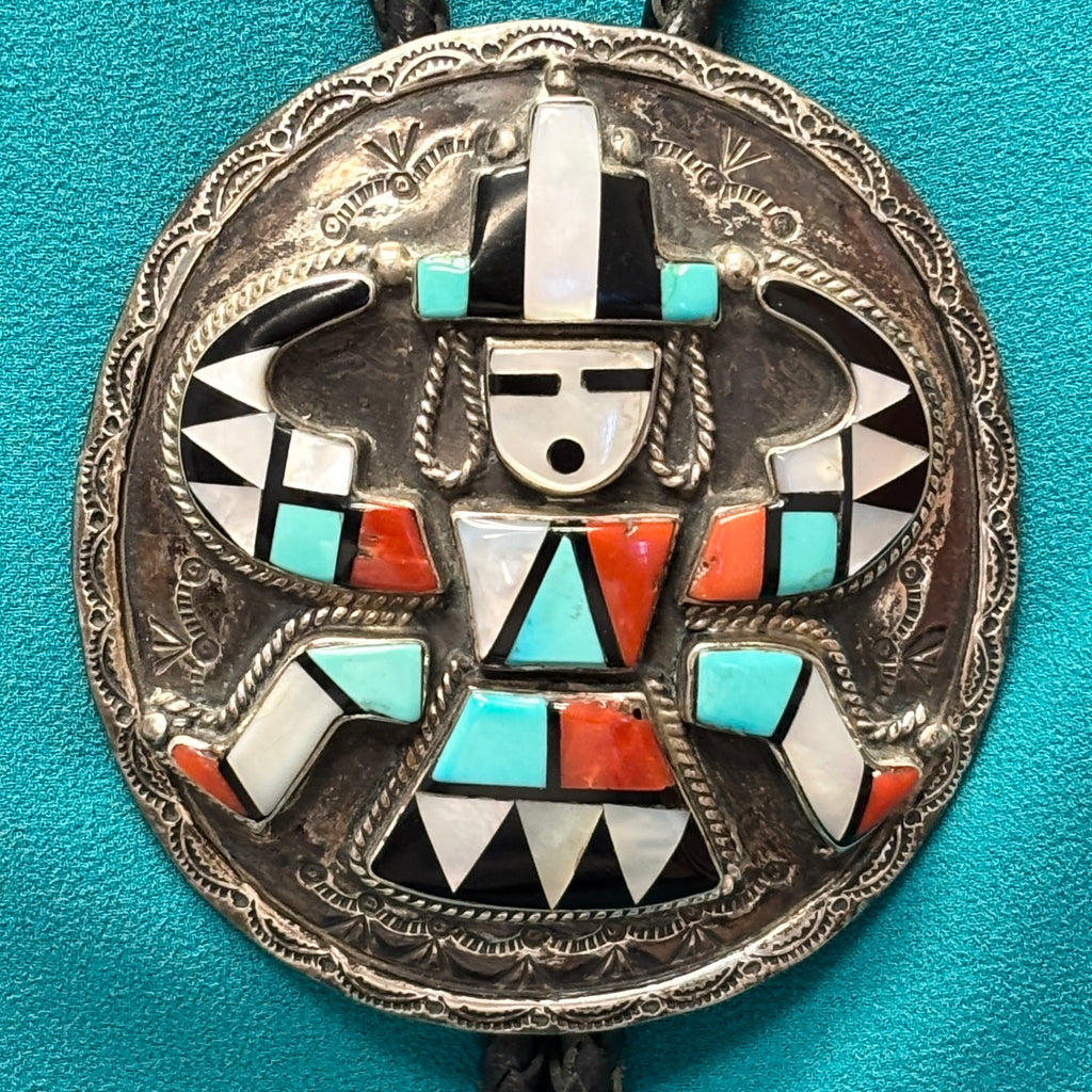 H. Spencer Vintage Navajo Inlay Celebration Man on Round Sterling Silver Bolo Tie, authentic Native American   (JF110)