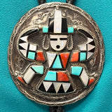 H. Spencer Vintage Navajo Inlay Celebration Man on Round Sterling Silver Bolo Tie, authentic Native American   (JF110)
