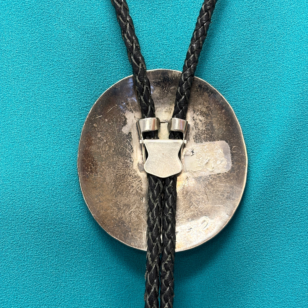 H. Spencer Vintage Navajo Inlay Celebration Man on Round Sterling Silver Bolo Tie, authentic Native American   (JF110)