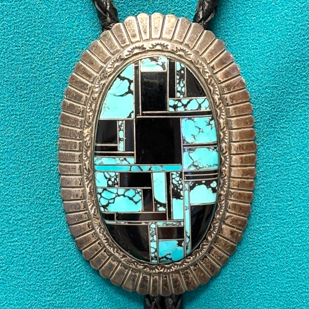 Vintage Navajo Turquoise and Black Jet Inlay Bolo Tie, authentic Native American   (JF112)