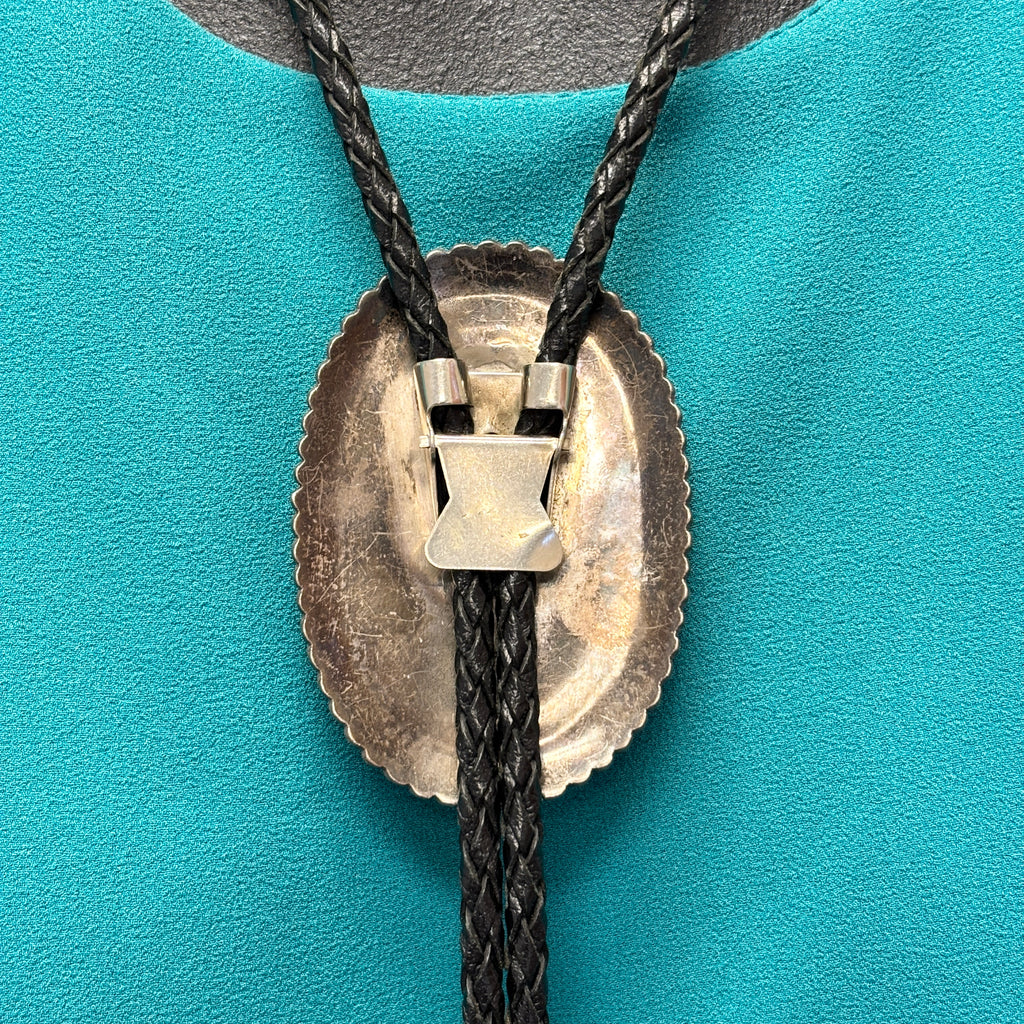 Vintage Navajo Turquoise and Black Jet Inlay Bolo Tie, authentic Native American   (JF112)