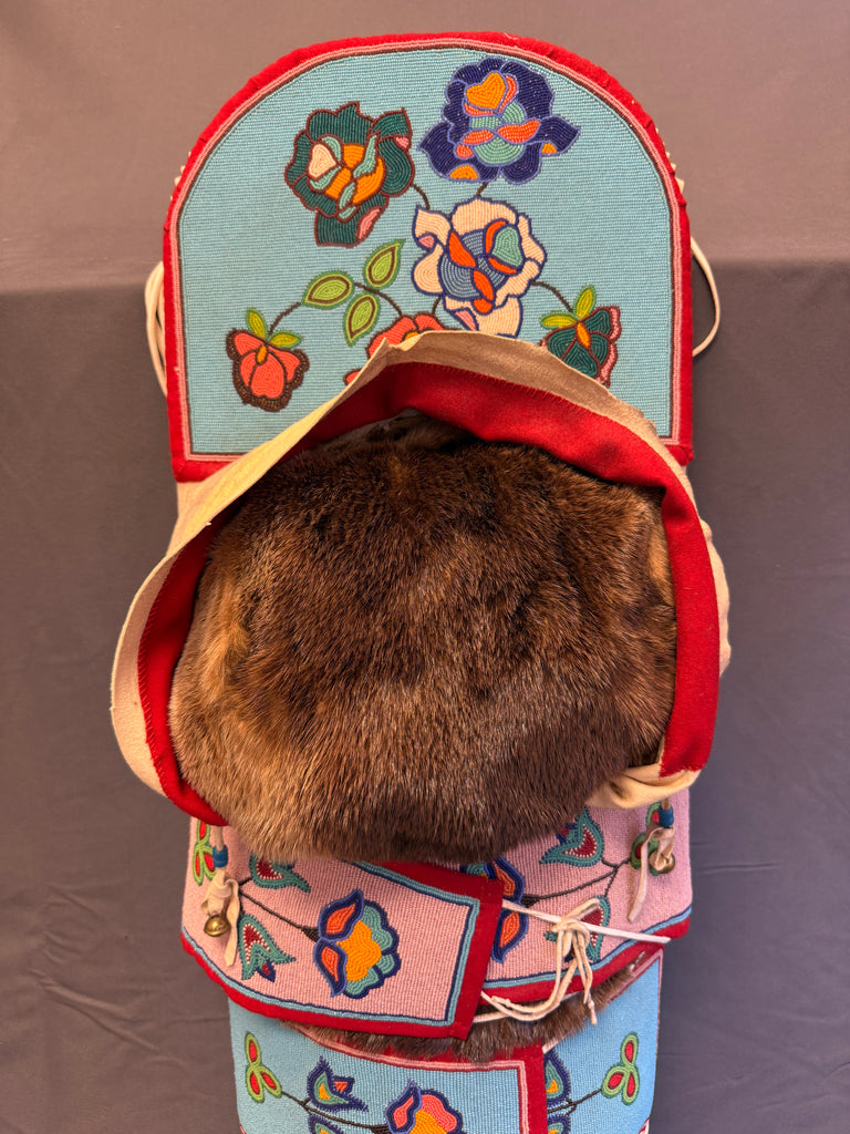 Magdeline Stewart Crow full size Traditionally Beaded Replica Cradleboard with Otter Pelt (GM682)