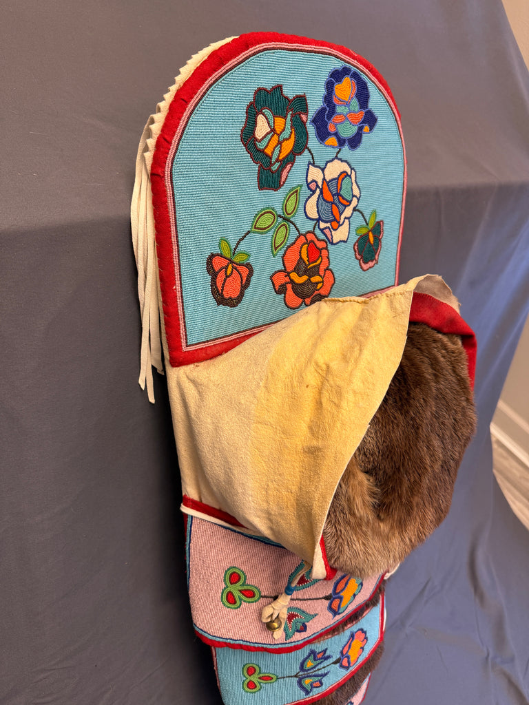 Magdeline Stewart Crow full size Traditionally Beaded Replica Cradleboard with Otter Pelt (GM682)
