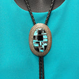 Vintage Navajo Turquoise and Black Jet Inlay Bolo Tie, authentic Native American   (JF112)