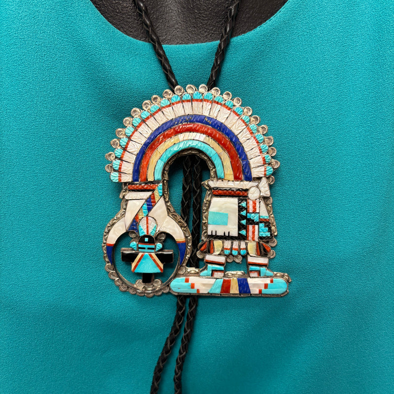 Eldred Martinez Zuni Inlay Rainbow Kachina Bolo Tie with Matching Fancy Tips and Display Stand, vintage Native American   (JF288)