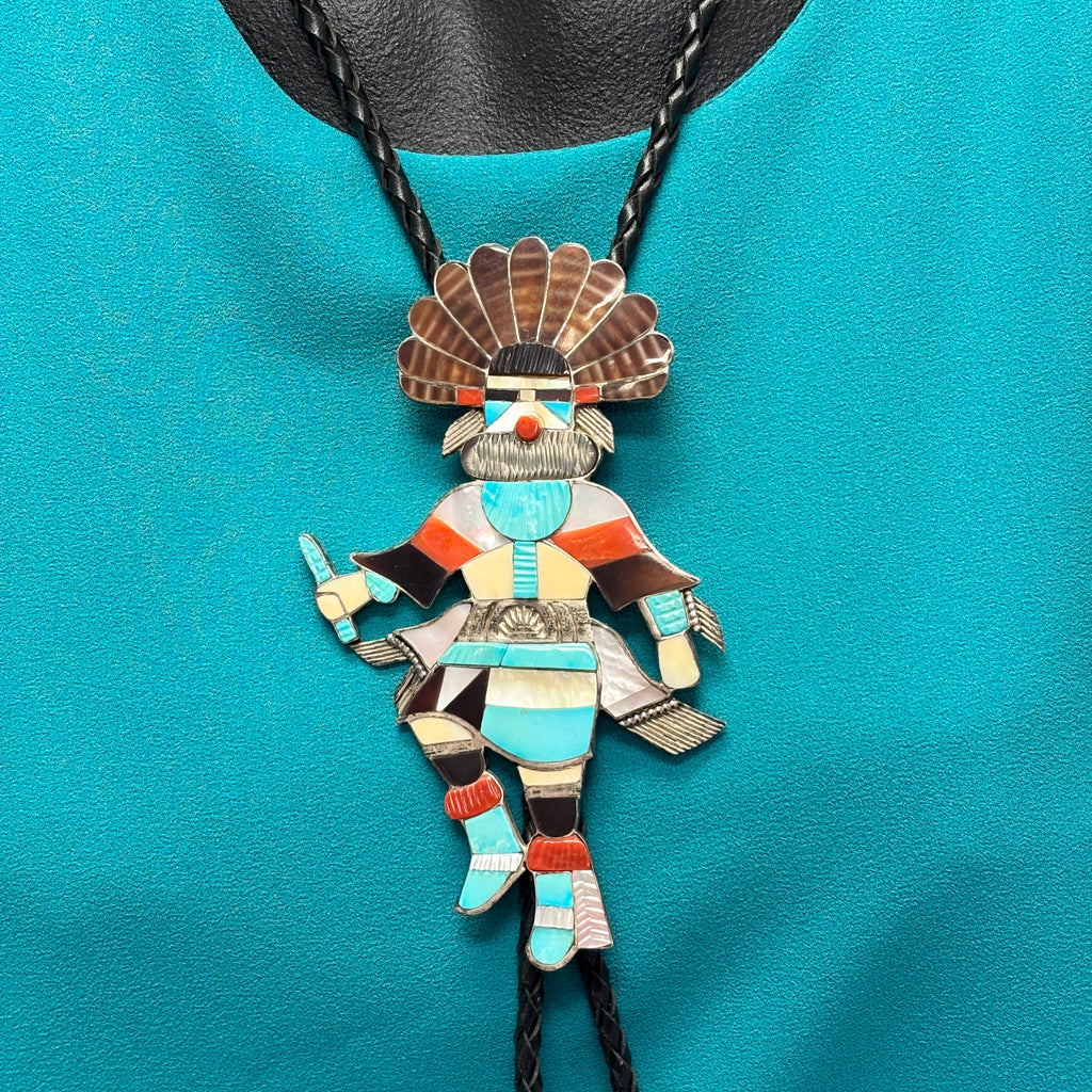 Eddie Beyuka Zuni Inlay Kachina Bolo Tie with Silver Drum Tips and Silver Display Stand, vintage Native American   (JF290)
