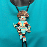 Eddie Beyuka Zuni Inlay Kachina Bolo Tie with Silver Drum Tips and Silver Display Stand, vintage Native American   (JF290)