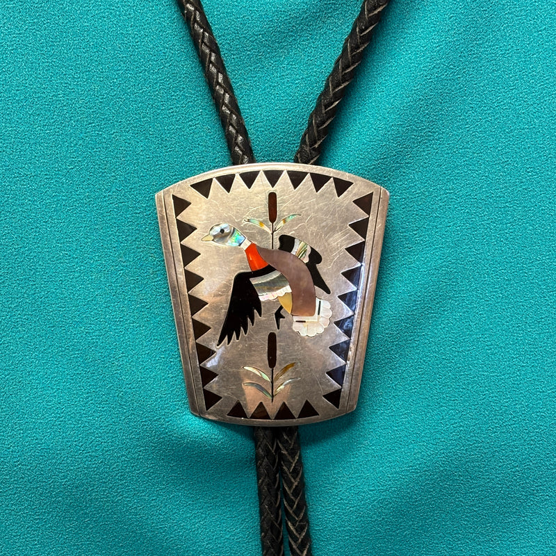 Dennis and Nancy Edaakie, Zuni Inlay Bolo Tie with Mallard Duck Design, vintage Native American   (JF56)