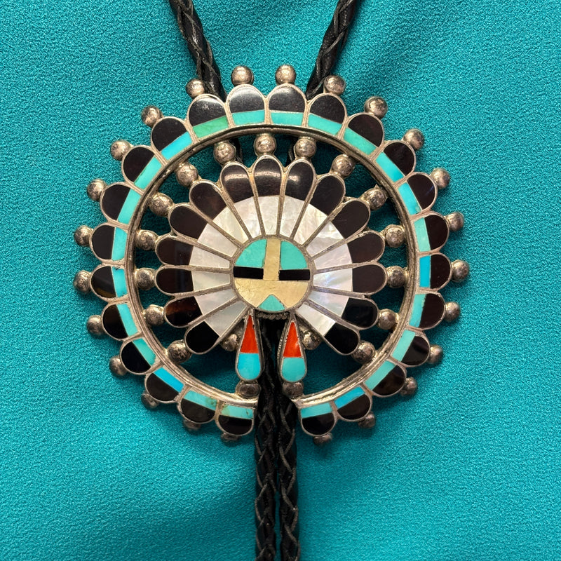 Zuni Inlay Sunface Bolo Tie with Matching Fancy Tips, vintage Native American (JF74)