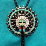 Zuni Inlay Sunface Bolo Tie with Matching Fancy Tips, vintage Native American (JF74)