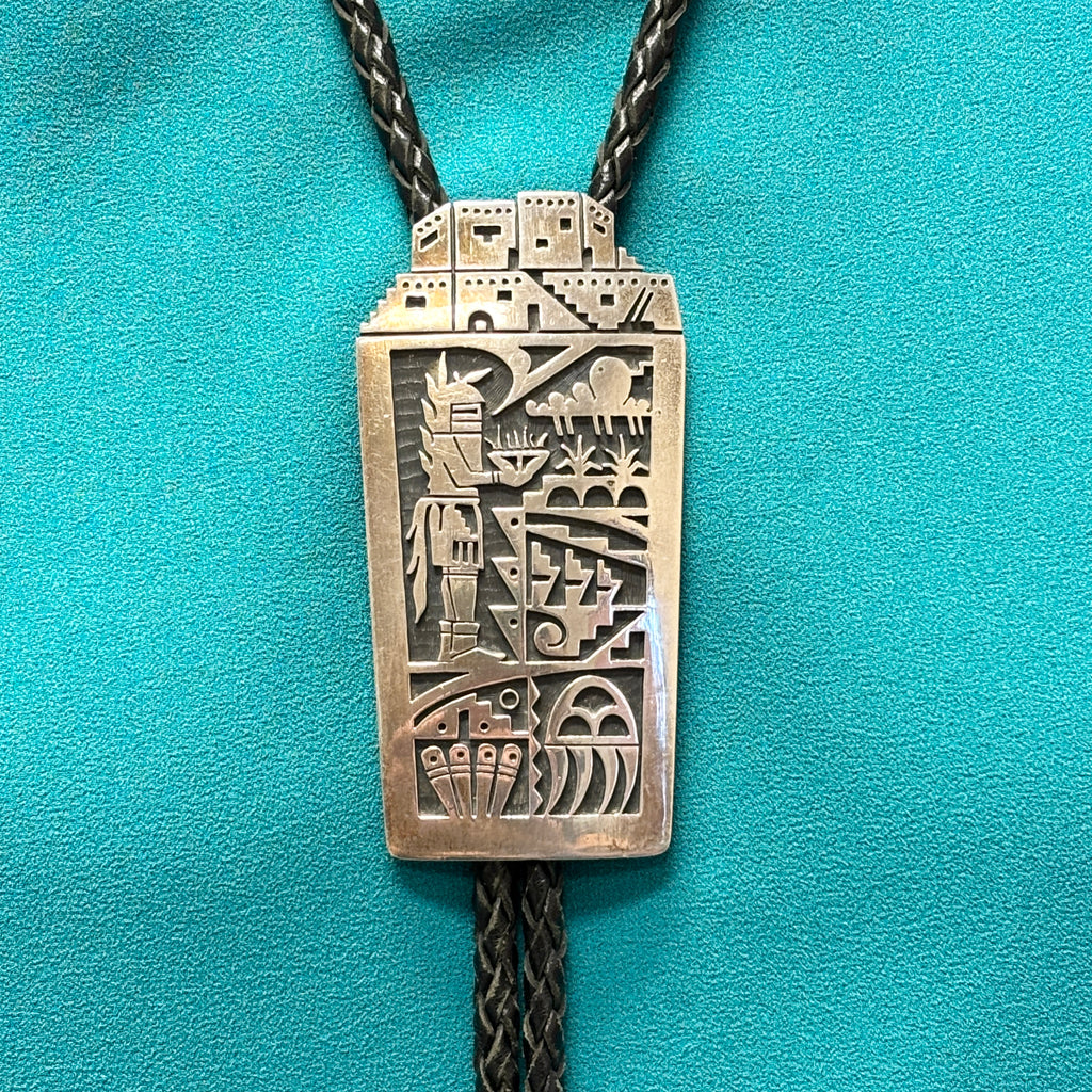 Chalmers Day Sterling Silver Hopi Overlay Bolo Tie with Kachina Design, vintage Native American (JF90)