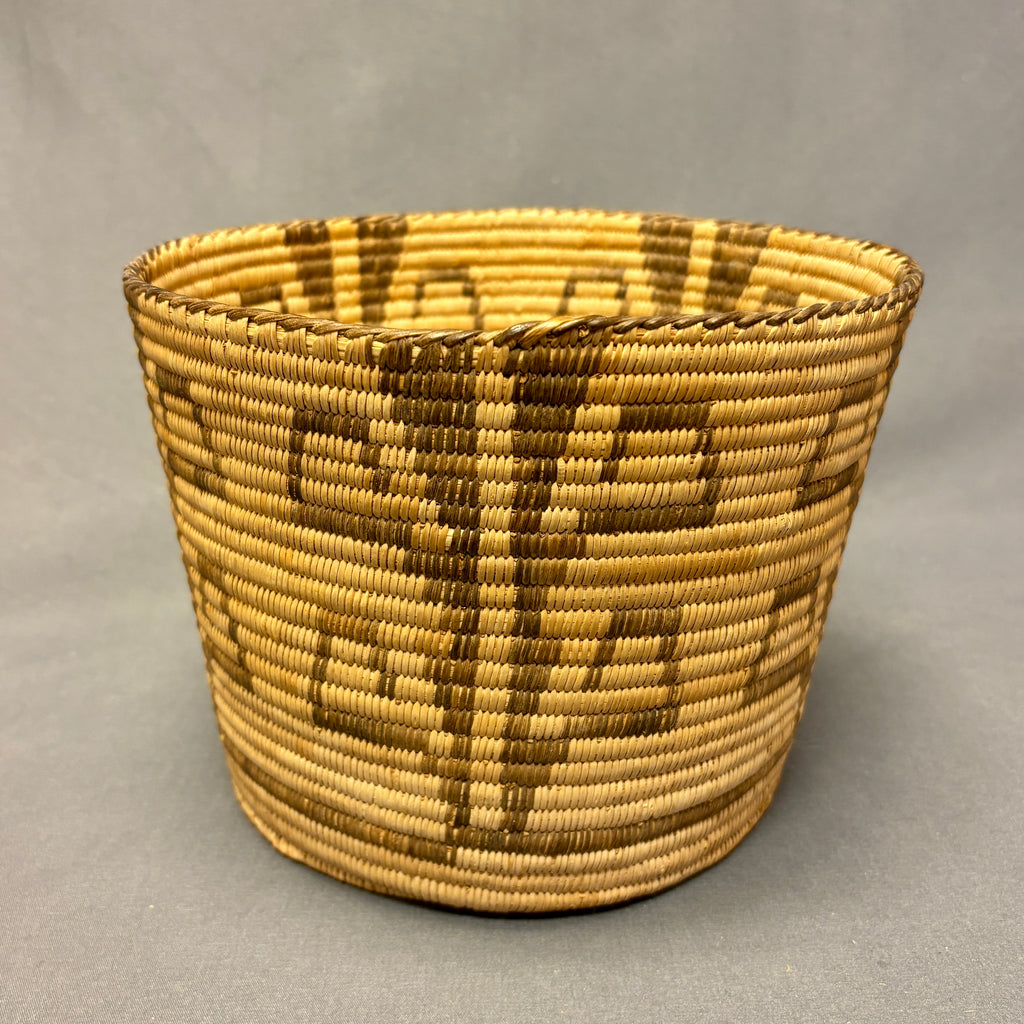 Vintage Tohono O'odham (Papago) Tall Round Coiled Basket with Plant Design, authentic Native American  (JFB15)