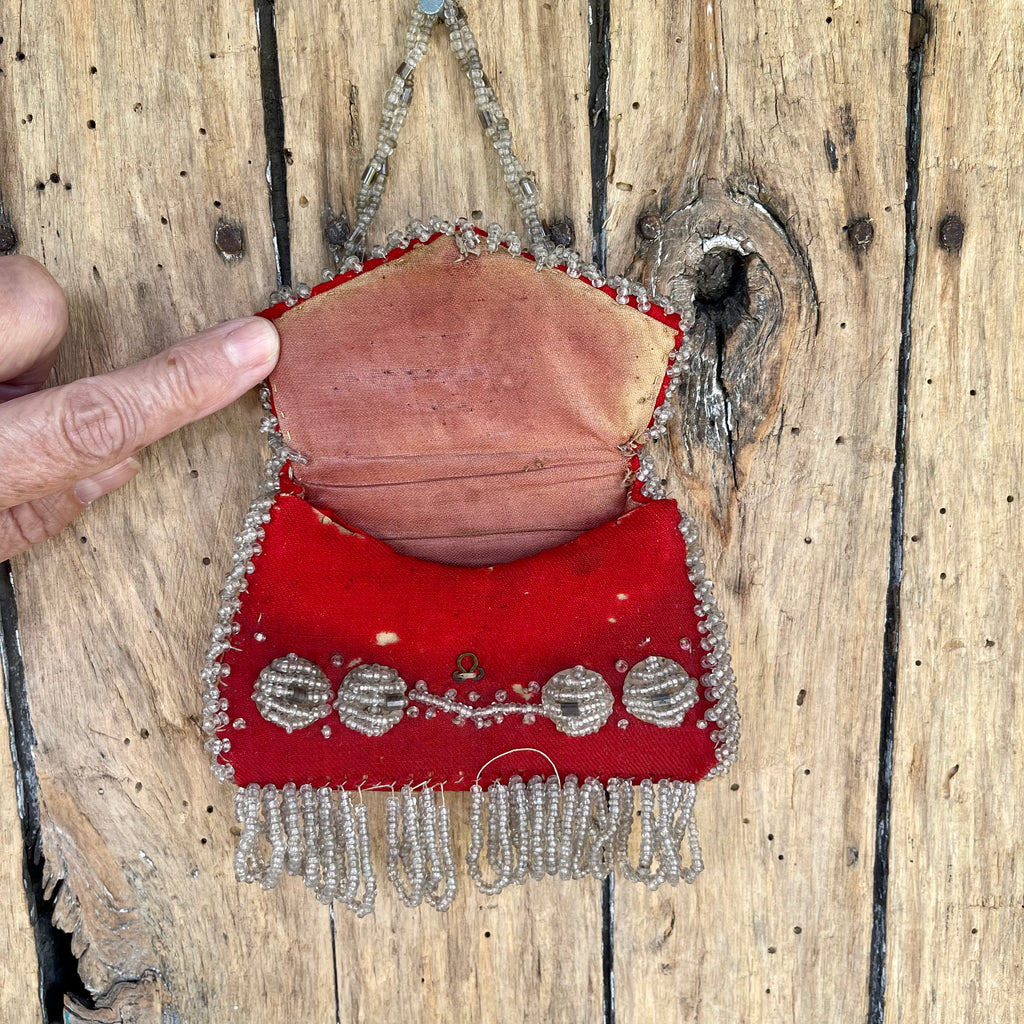 Authentic Iroquois Beaded Purse/Bag - late 1800s Niagara-style beadwork.  Thread sewn with glass beads on cotton (GM42)