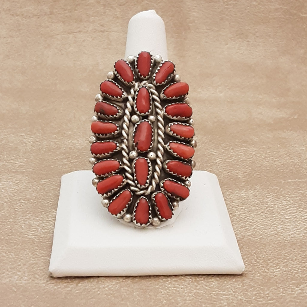 Authentic Navajo Coral cluster Ring by Justina Wilson, Genuine red coral large Navajo ring - Size 8 1/2 (9/232)