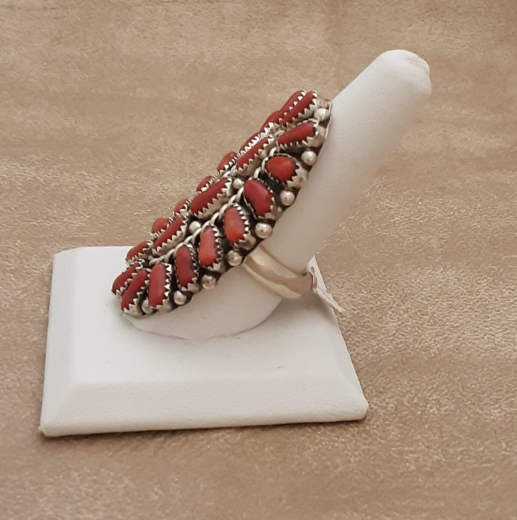 Authentic Navajo Coral cluster Ring by Justina Wilson, Genuine red coral large Navajo ring - Size 8 1/2 (9/232)