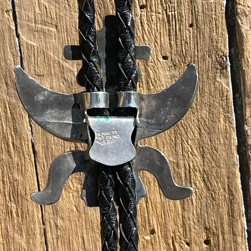 Zuni Inlay Celebration Man Bolo Tie with Turquoise, Mother of Pearl, black jet and coral, Authentic Zuni Inlay Bolo Tie (2/126)