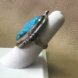 Classic Navajo ring with genuine turquoise and handmade silver leaf and scroll work, Vintage Navajo blue turquoise ring in size 6 (DC53)