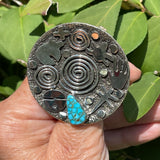 Alex Sanchez, Navajo/Zuni Ring with Kingman Turquoise & Tribal Symbols, Petroglyph turquoise jewelry Ring Size 10 (2/145)