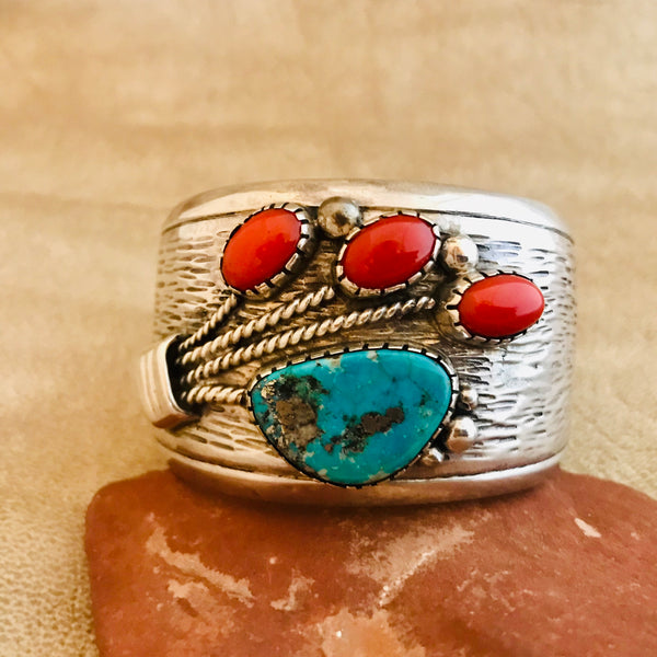 Vintage Genuine Navajo Cuff bracelet with blue turquoise and red coral ...