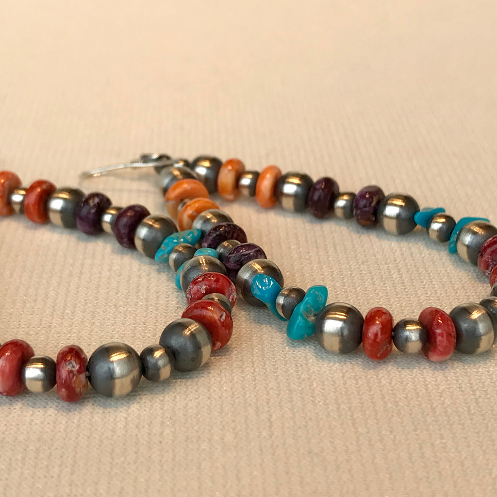 Beaded Earrings with Spiny Oyster Shell, Turquoise, and Silver Beads, Navajo, Genuine Handmade Native American Jewelry 2/69