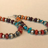 Beaded Earrings with Spiny Oyster Shell, Turquoise, and Silver Beads, Navajo, Genuine Handmade Native American Jewelry 2/69