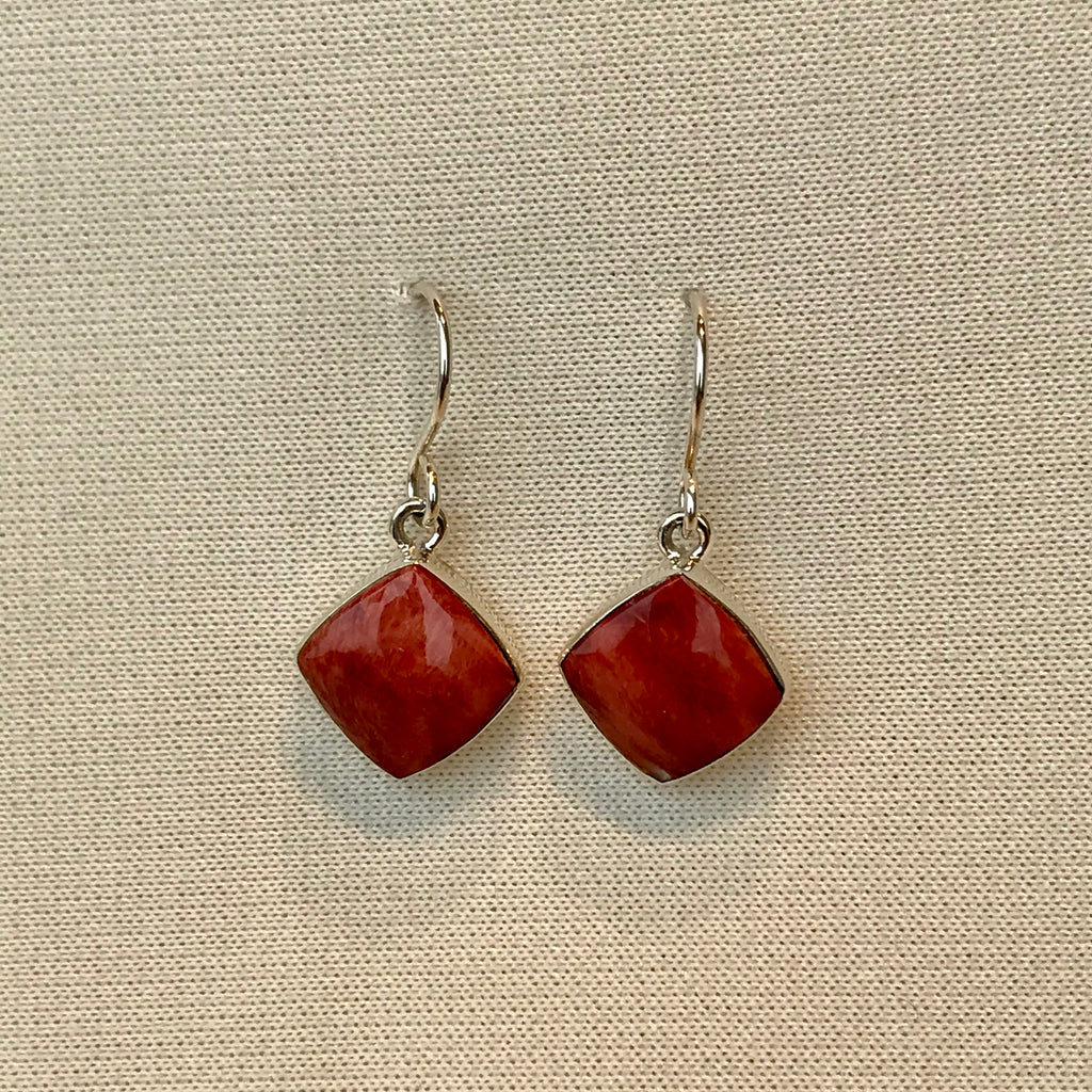Square Silver Earrings with Spiny Oyster Shell by Cathy Webster, Navajo, Authentic Native American Jewelry 2/77