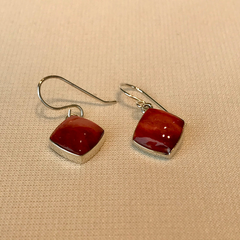 Square Silver Earrings with Spiny Oyster Shell by Cathy Webster, Navajo, Authentic Native American Jewelry 2/77