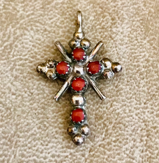 Zuni Reversible Cross Pendant with Genuine Turquoise and Coral 