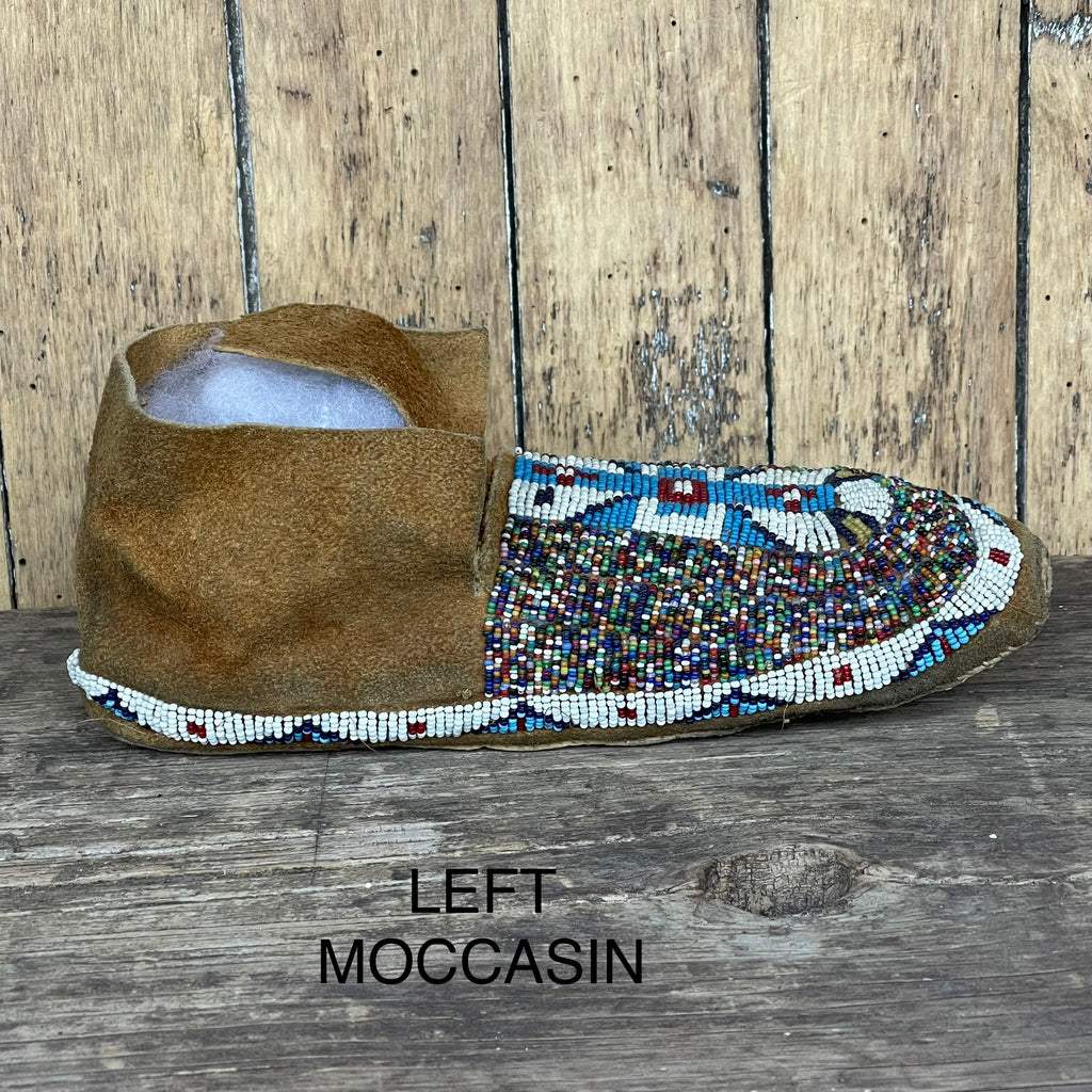 Sioux Beaded Moccasins - Salt & Pepper, greasy yellow and blue beads ca. 1920 -Sinew sewn (GM69)