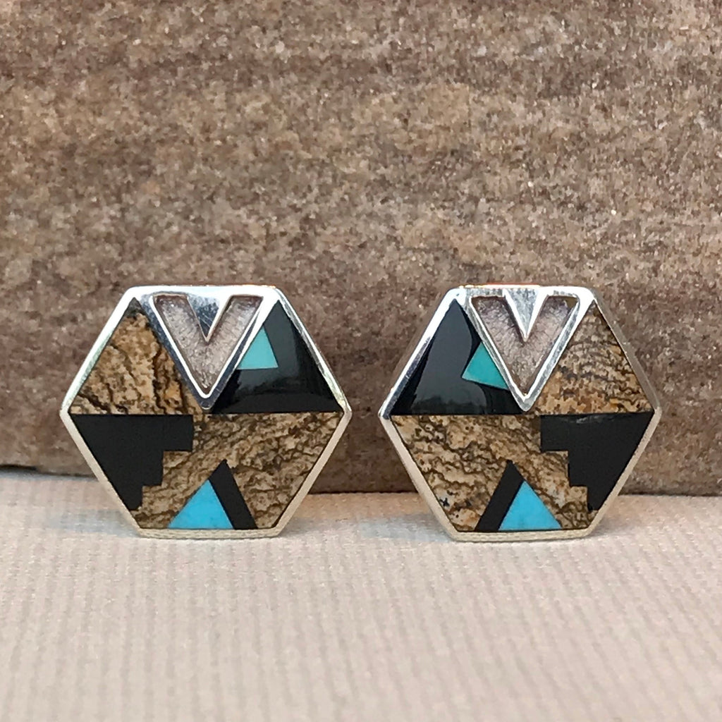 Contemporary Navajo Inlaid Hexagon Post Earrings by David Rosales of Supersmith with Black Jade, Picture Jasper, and Turquoise 1/443
